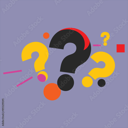Multiple question marks in black and yellow with colorful geometric shapes on a purple background