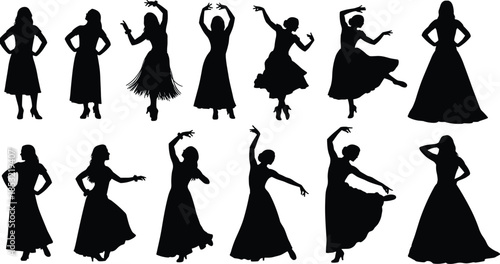 Set of Black Female Silhouettes in Elegant Long Dresses Dancing and Posing, Beautiful Women in Various Movement and Stand Positions Vector Illustration Art