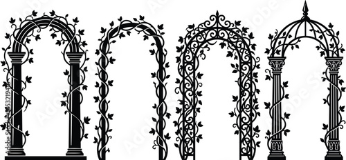 Decorative garden arch silhouette set featuring five unique vine-covered structures, ideal for landscaping, outdoor decor, and architectural inspiration.