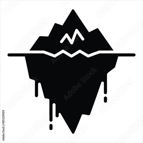 A striking black icon depicts a melting iceberg with visible tip and submerged dripping mass