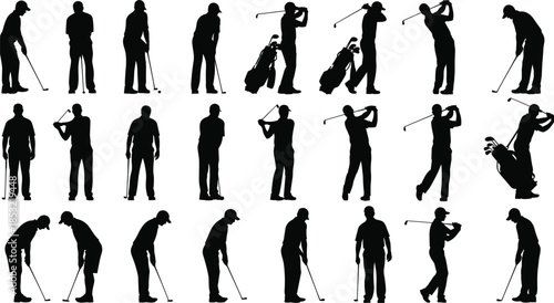 Golf Players Silhouettes, Group of Golfers, Swinging, Hitting, Putting, Golf Bag, Club, Sport, Game, Course, Hobby, Recreation, Athlete, Vector, Illustration, Black, White Background