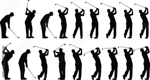 Golf swing action silhouettes set, vector illustration of a golfer hitting a ball in various dynamic poses, ideal for sports, leisure, recreation, and luxury activity graphic design projects, 