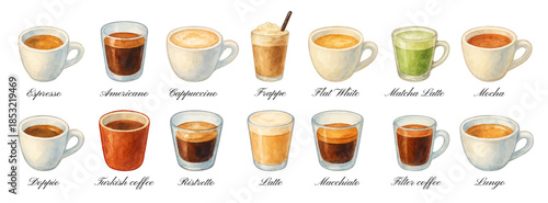 Watercolor popular coffee drinks icon set, traced vector. Coffee cups and glasses cliparts. Espresso, americano, cappuccino, frappe, flat white, matcha latte, mocha, ristretto, latte, macchiato, etc.