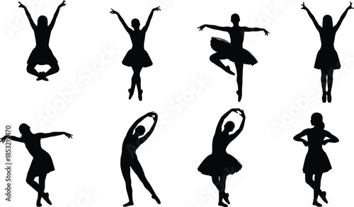 Graceful Ballerina Dancers Silhouettes Collection, Elegant Women in Various Ballet Poses, Performing 