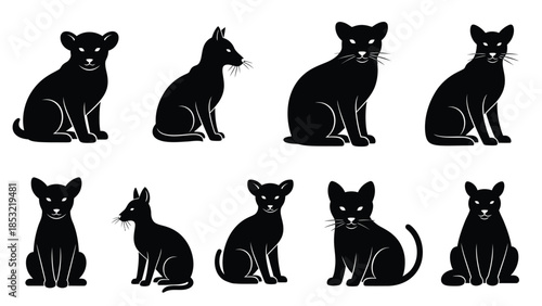Eight black cat silhouettes in various sitting positions whiskers