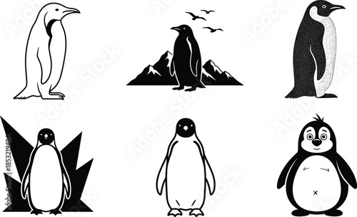 Penguin illustration set, stylized designs, artistic variations, black vector, cartoon, silhouette, stippled, abstract, minimalist, expressive poses