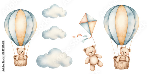 Nursery kids watercolor teddy bear hot air balloon birthday celebration.