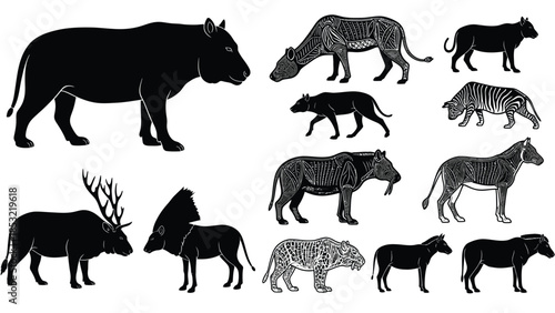 Silhouettes of various wild animals including a rhino lion cheetah zebra and others