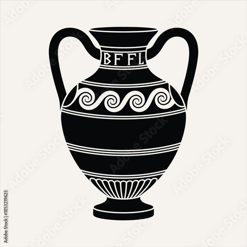 A stylized black outline of an ancient Greek amphora vase with intricate patterns and handles
