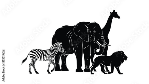 Silhouettes of zebra elephant giraffe and lion standing together