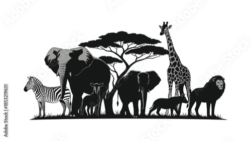 African wildlife silhouettes zebra elephant giraffe lion antelope under acacia tree