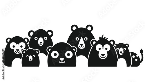 Black and white cartoon bears standing in a row