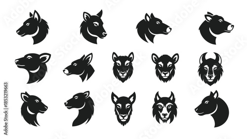 Black and white dog and wolf heads in various styles and poses