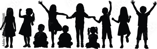 Group of children and kids playing together silhouette set, happy boys and girls standing, sitting and raising h