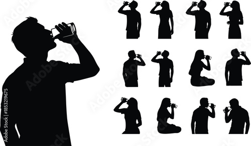 People drinking silhouettes, hydration poses, cup and bottle, lifestyle activity, black figures, sitting, standing, kneeling, casual moment, vector