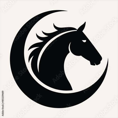 An elegant black silhouette of a horse head in profile framed by a sweeping crescent shape