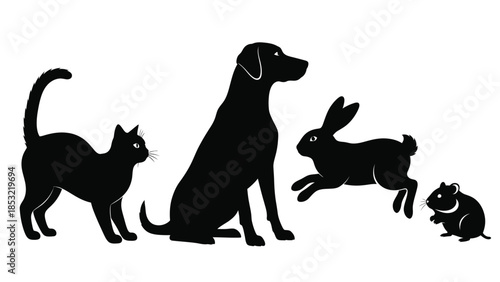 Black silhouettes of cat dog rabbit and mouse standing together