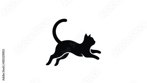 Black cat silhouette mid-leap with raised tail and whiskers