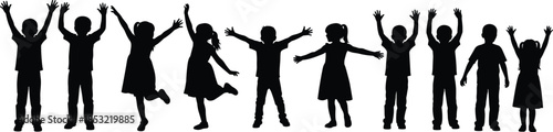 Group of Happy Children Silhouettes, Kids Jumping and Cheering with Hands Up, Playful Black Vector Illustration for School, Education, and Fun.