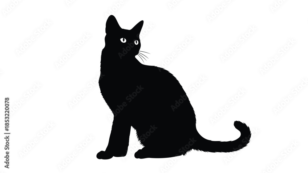 Fototapeta premium Black cat silhouette with glowing eyes sitting on the ground