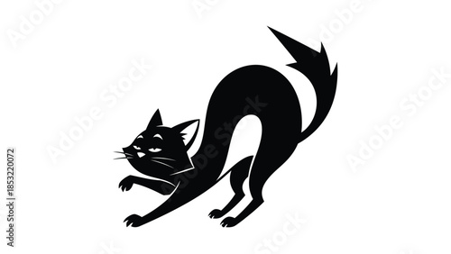 Black cat silhouette with raised paw and bushy tail in mid-stride