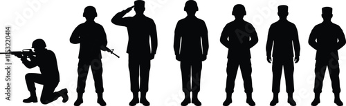 Soldier silhouette set featuring seven military poses including saluting, aiming, and standing at attention in black-and-white vector style.