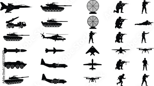 Military weapon and soldier silhouettes icon set featuring tanks, jets, helicopters, missiles, drones, and armed infantry, modern warfare and defense symbols isolated on white background