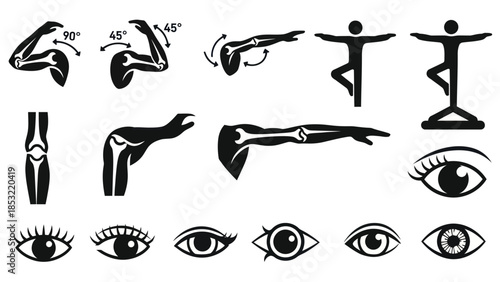 Human body anatomy illustrations eye joints and arm movements