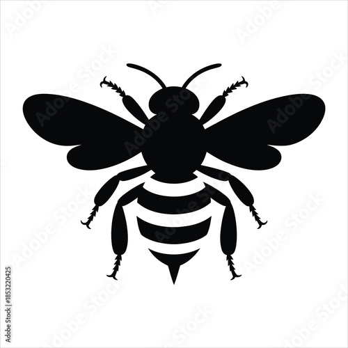 A striking black silhouette of a bee with outstretched wings and distinct striped body