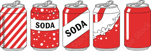 Red Soda Can Vector Illustration Set with Various Label Designs Including Stripes Bubbles and Waves for Soft Drink Beverage Packaging