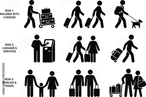 Airport travel pictogram icon set showing people walking with luggage, baggage services, and family travelers, transportation and tourism symbols isolated on white background