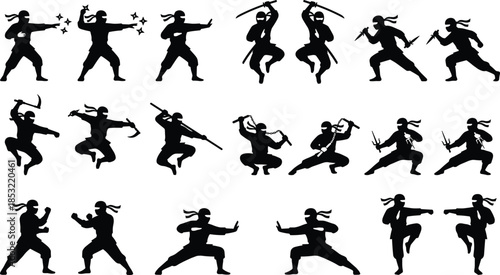 Ninja silhouette set featuring 20 dynamic martial arts poses with traditional weapons in black-and-white, ideal for action design and vector art.