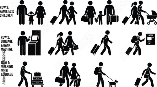 Travel pictogram set illustrating families, luggage handling, and walking scenarios, ideal for airport signage, transit guides, and travel-related design.