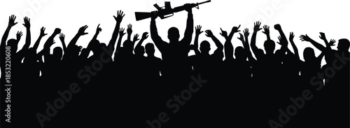 Silhouette of crowd with raised arms and central figure holding rifle, symbolizing protest, revolution, or militant uprising in stark black-and-white style.