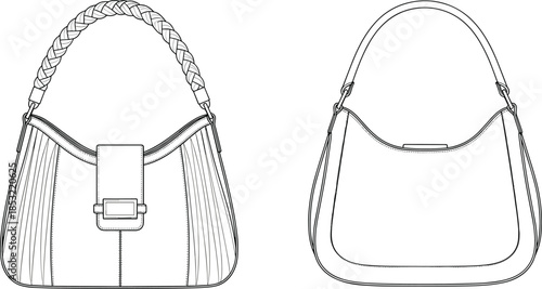 Handbag line drawing illustration showing front and back views of women shoulder bag, fashion accessory technical sketch, elegant purse outline isolated on white background