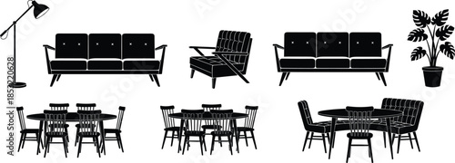 Furniture silhouette set featuring sofas, armchairs, dining tables, chairs, floor lamp, and indoor plant, modern home interior elements isolated on white background