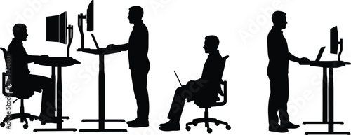 Office worker silhouettes using standing and sitting desks, people working on computers, ergonomic workplace positions, modern business workspace concept isolated on white background
