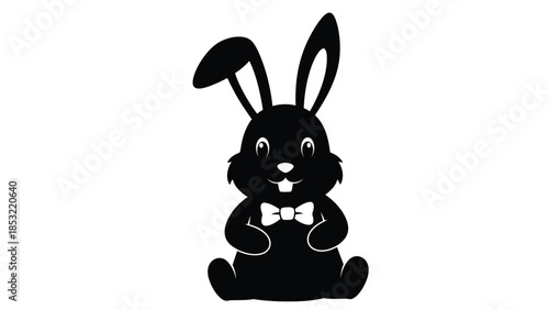 Black bunny rabbit with white bow tie sitting upright