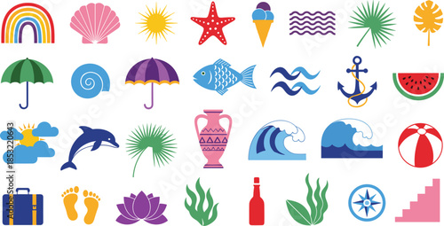 Set of Colorful Summer Beach Icons Featuring Rainbow Shell Starfish Ice Cream Palm Leaves Waves Sun Umbrella Fish Dolphin and Vacation Symbols