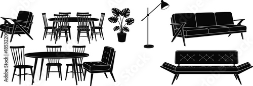 Mid-century modern furniture silhouette set featuring dining tables, chairs, sofas, lamps, and potted plant in minimalist black-and-white style.