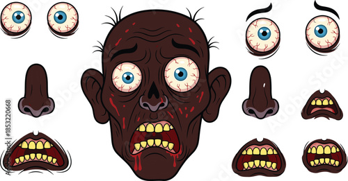 Zombie face cartoon illustration set with scary eyes, mouths, noses, and facial expressions, horror character design elements isolated on white background