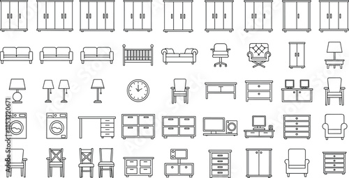Furniture line icon set featuring sofas, beds, chairs, cabinets, tables, lamps, and home appliances, minimalist interior design elements isolated on white background