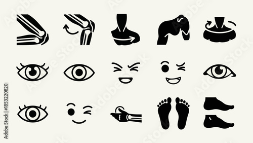 Human body parts and facial expressions icon set on a white background