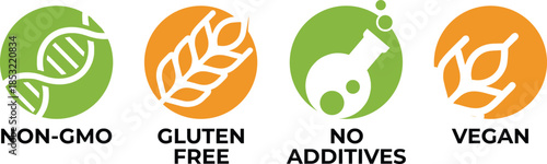 Collection of Four Modern Vector Icons for 'NON-GMO', 'GLUTEN FREE', 'NO ADDITIVES', 'VEGAN' Product Certification