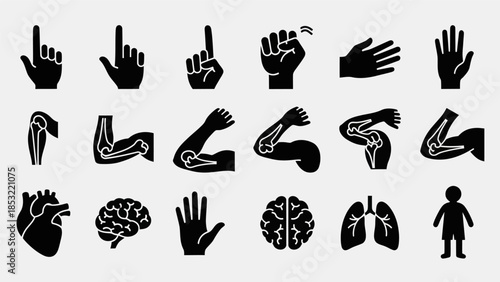 Human body parts and gestures icon set isolated on white background