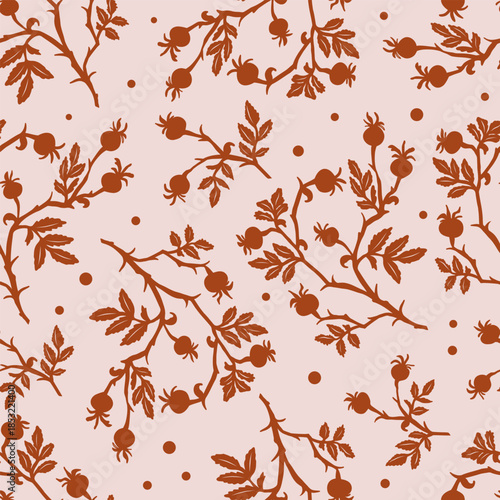 Elegant seamless floral pattern with hand drawn botanical branches, leaves, and berries in warm brown tones on a soft beige background. Vector illustration.