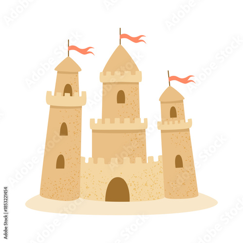 Fantasy Sand Castle with Flags. Cute Cartoon Medieval Fortress. Isolated on White Background