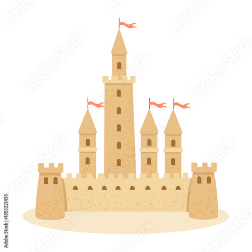 Storybook Sand Castle. Cute Fairytale Cartoon Castle. Isolated on White Background.