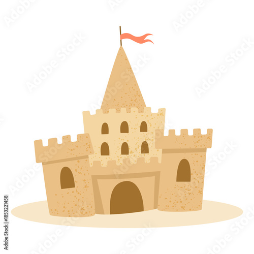 Tall Fairytale Sand Castle. Cartoon Medieval Tower Castle. Vector Illustration for Kids. Isolated on White Background.