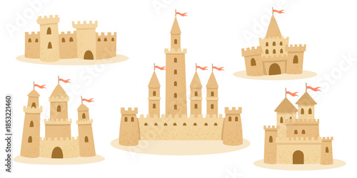 Sand Castle Collection. Cute Fairytale Castles Set. Isolated on White Background.